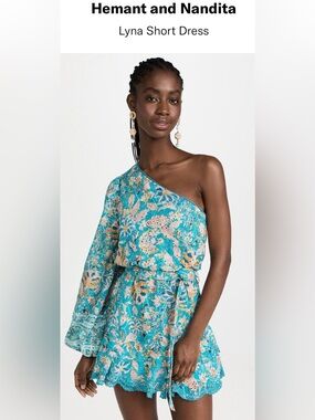 HEMANT AND NANDITA Lyna Short Floral One-Shoulder Dress in Blue Sz Medium